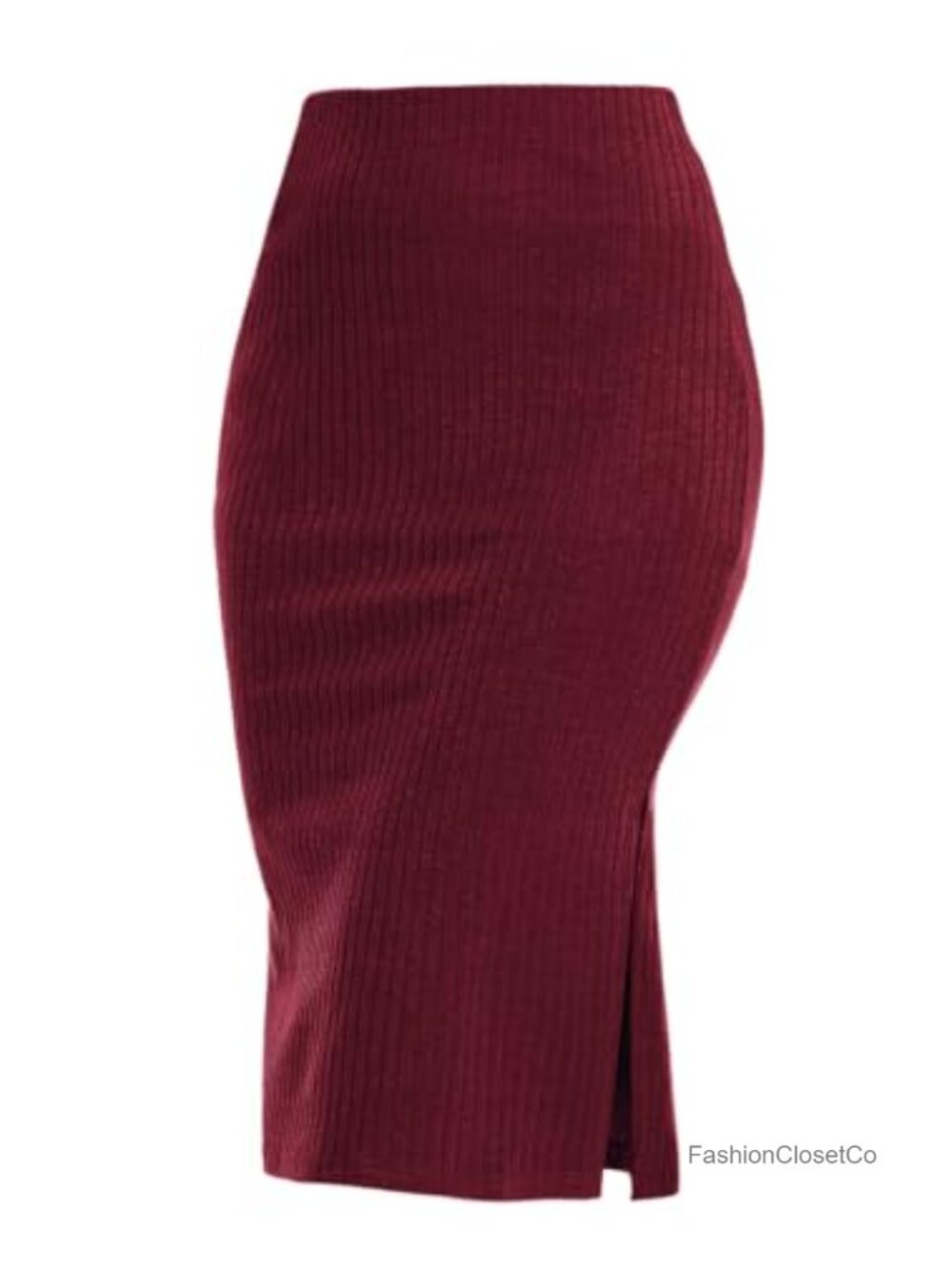 Knit Pencil Skirt Knee Length Ribbed Stretchy Side Slit Bodycon Midi
